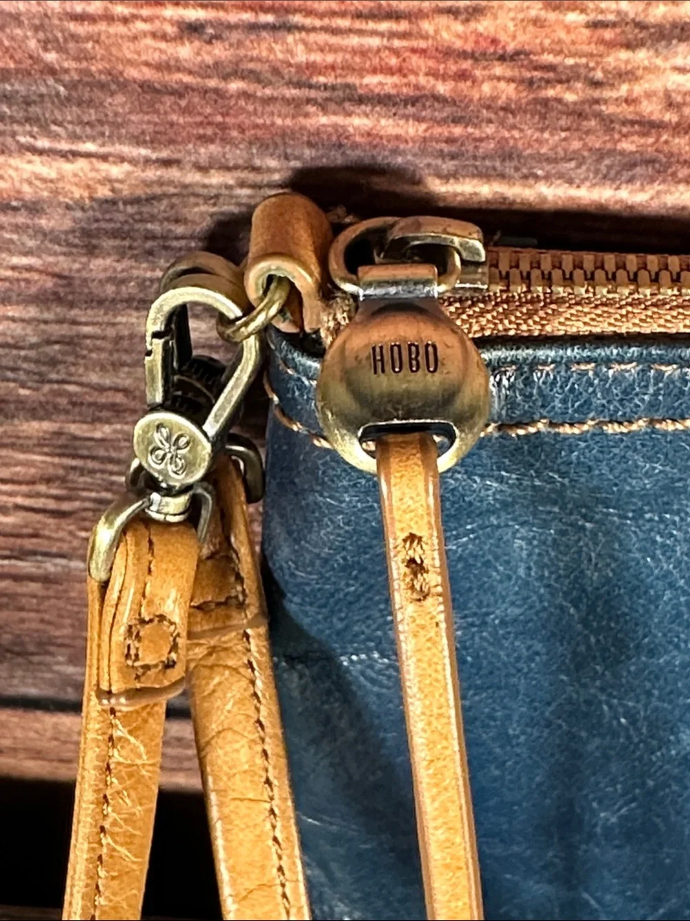 HOBO Blue Leather Wristlet Clutch with Tan Strap